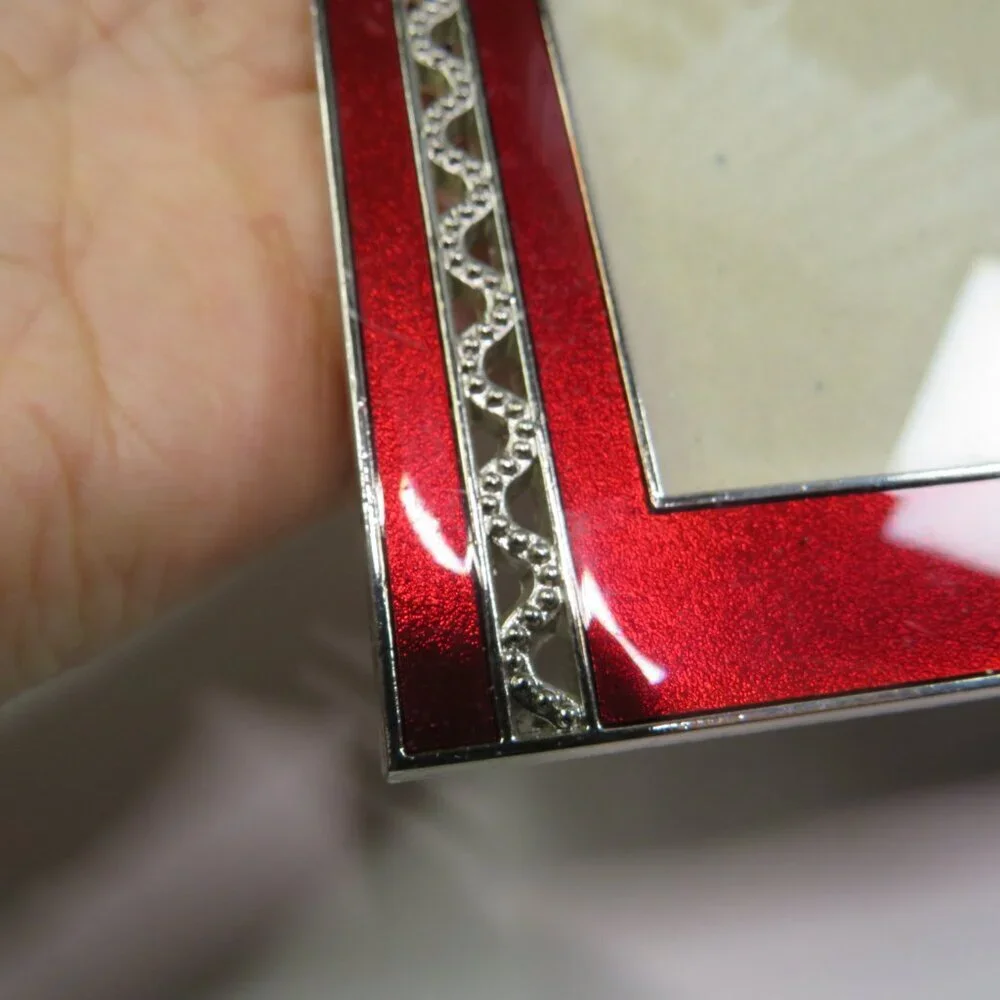 Red Enamel Metal w Rhinestone BOW Picture Frame w silver accents